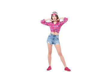 Portrait of young stylish girl model in casual summer clothes with pink hat! Cheerful emotions! Isolated on white!