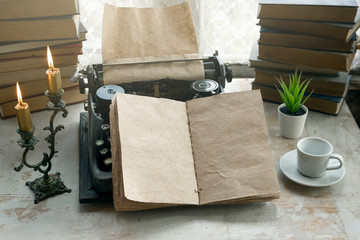Blank open book with empty pages for copy space on a writer table background.