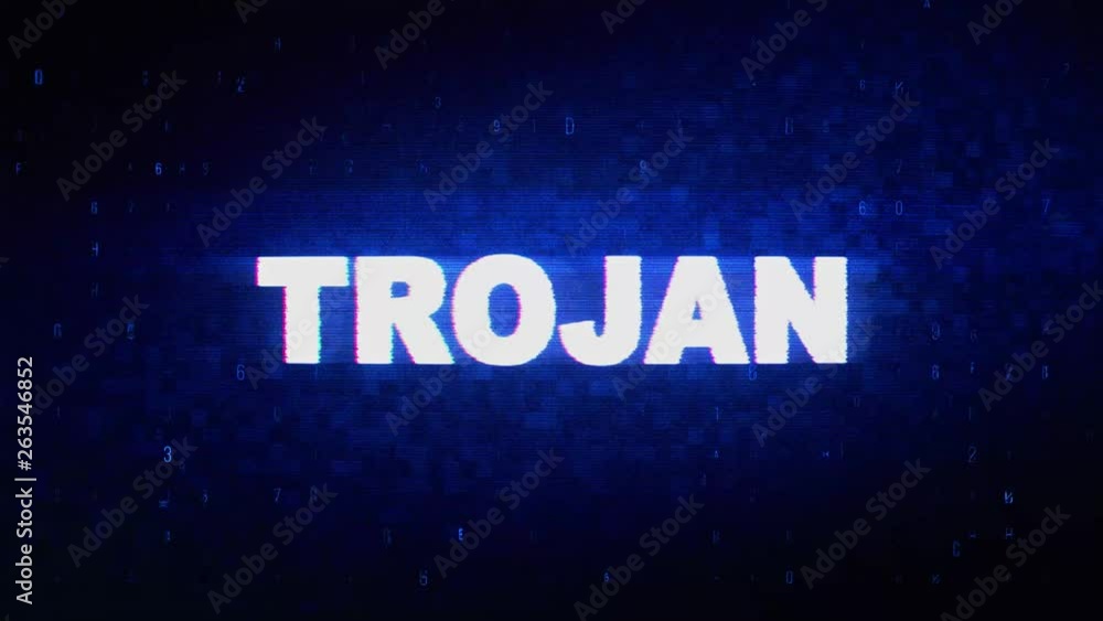 Poster trojan text digital noise twitch and glitch effect tv screen loop animation background. login and pa
