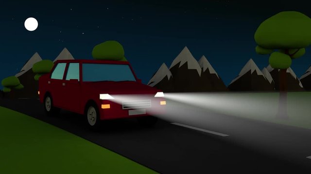 Abstract car driving on a country road at night with headlights on. looped 3d animation.