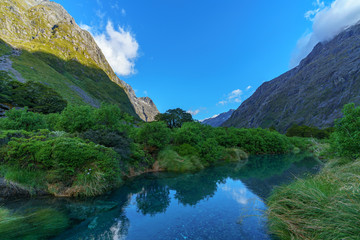 Naklejka na ściany i meble turquoise river in the mountains, fiordland, new zealand 1