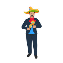 Cinco de Mayo. 5th of May. Mariachi. Mexican street musician in national costume playing on maracas. Traditional Mexican musical instrument.