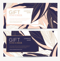 Gift Certificate Template. Leaves of Cordelia on a pink background.. Background for the invitation, shop, beauty salon, spa.