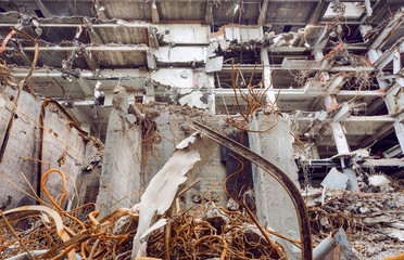 Destroyed concrete structures and engineer works for demolition and construction of buildings at...