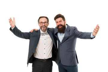 business meeting. team success. collaboration and teamwork. partnership of boss men isolated on white. mature men have own business. bearded businessmen in formal suit. High-five for success