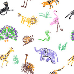 Obraz premium Wild animals seamless pattern. Crayon like kid`s hand drawn giraffe, elephant, lion, panther, isolated on white. Child`s drawn stroke colorful pastel chalk or pencil vector art. Doodle funny style