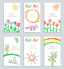 Set of wax crayon kid`s hand drawn colorful card copy space with flower, cat, sun, tree, rainbow, letters on white. Child`s artistic stroke pastel chalk or pencil art design element, vector background