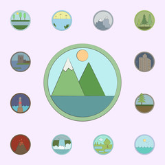 Mountain lake colored in circle icon. landscapes icons universal set for web and mobile