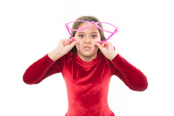 going on party. little girl child with party glasses isolated on white. small pretty girl with happy face. beauty and fashion. skincare and kid hairdresser. childrens day. childhood happiness