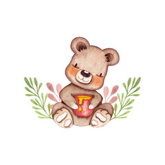 watercolor Honey bear composition