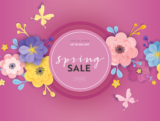 Spring Sale Special Offer Banner with Paper Cut Flowers. Floral Design Seasonal Promotion Discount Flyer, Brochure, Shopping Voucher. Vector illustration