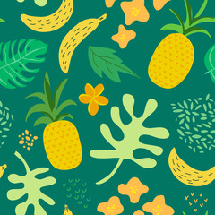 Tropical Flowers and Leaves Pattern. Pineapples Retro Seamless Trendy Background Memphis Style. Summer Jungle Nature Design. Vector illustration