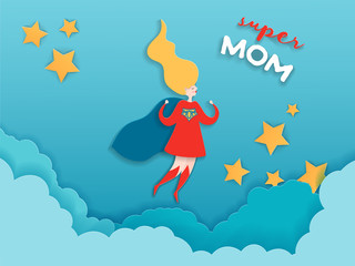 Mothers Day Greeting Card in Paper Cut Style. Super Mom Character in Red Cape Design for Mother Day Banner, Poster, Background. Vector illustration