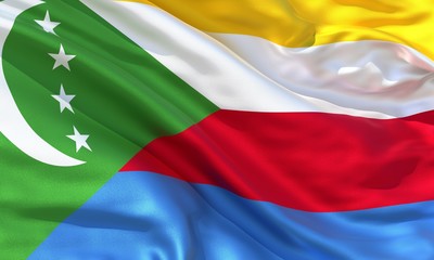 Realistic silk material Comoros waving flag, high quality detailed fabric texture. 3d illustration