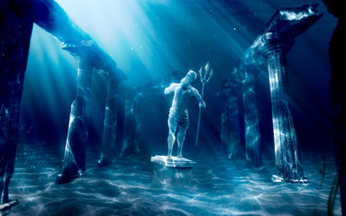 lost civilization of atlantis sunken deep in the ocean / 3D rendering - obrazy, fototapety, plakaty