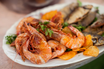 Sea food dishes in plates on the table