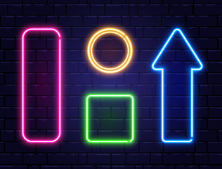 Neon frames isolated on brick wall background. Realistic color neon banners. Glowing night signboard. Light electric banner. Vector illustration