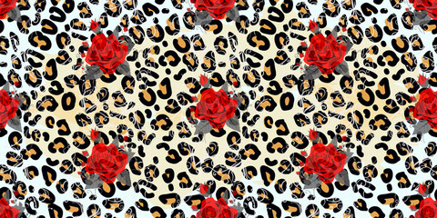 Seamless pattern with leopard print and red roses. Vector background with animal skin and flower texture. For printing on fabric, wallpaper, packaging. eps 10 © Elnur
