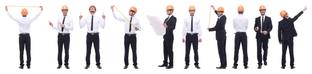 panoramic photo collage of confident architect isolated on white