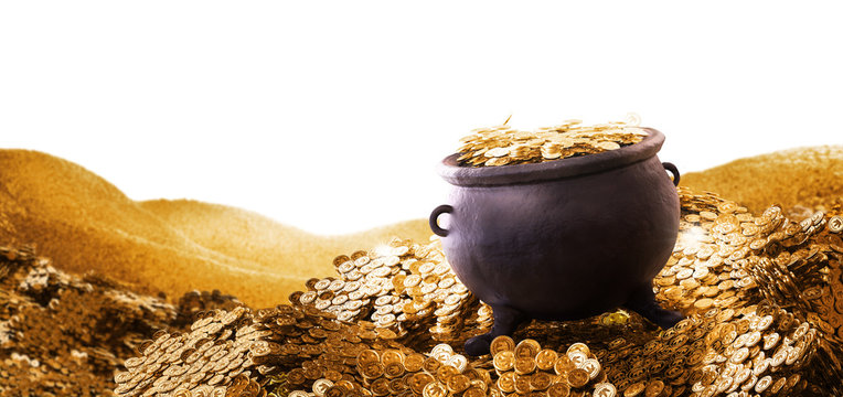 3D Illustration Of A Cauldron On A Pile Of Golden Coins