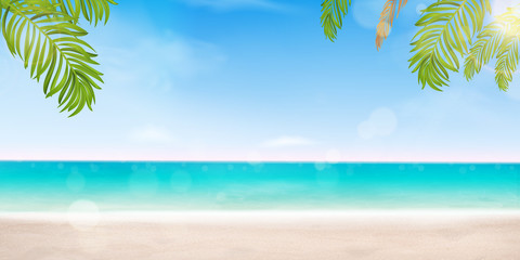 Fototapeta na wymiar Hello summer vector banner design vacation concept. Poster Landscape Seashore Resort View with Beach, shiny ocean, sea water with bright sun, tropical Palm leaves. Summer vacation holiday, traveling.