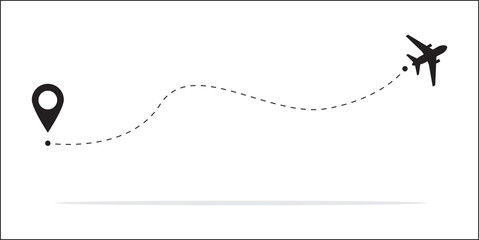 The concept of airplane travel with a map of pins, GPS points. Line path icon. The concept of the starting point of the flight or theme of the Aircraft and the map pointer symbols