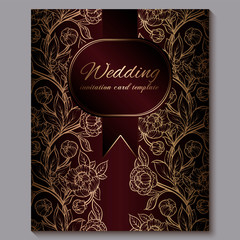 Exquisite red royal luxury wedding invitation, gold floral background with frame and place for text, lacy foliage made of roses or peonies with golden shiny gradient.
