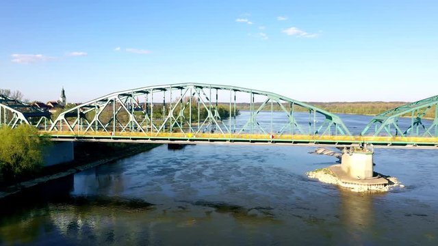 Bridge over the Wisła River in Poland - Fordon in Bydgoszcz - Panorama Aerial View from Drone