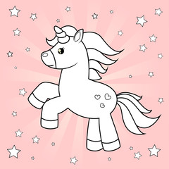 Cute cartoon unicorn. Black and white vector illustration for coloring book on pink background