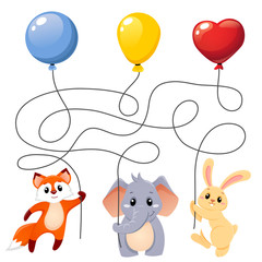 Animals flying with balloons. Puzzle. Maze game for kids. Find which animal holding which balloon