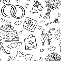 Set of Coloring Page Pattern. Adult Coloring Book Set and Antistress freehand sketch with cake, gift box, glass, bouquet, bunch of flowers, heart. Vector illustration.