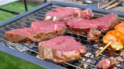 Small coal grill with various kinds of meat