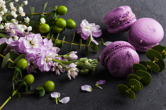 Purple Macarons And Flowers