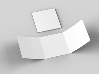 Open tri-folded laflet in square format.