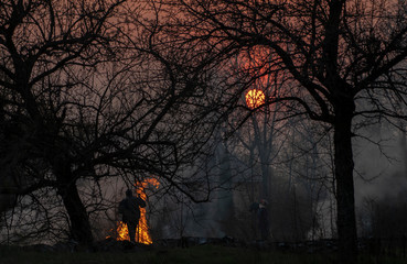 dry grass burns in the village, residents extinguish burning grass at sunset