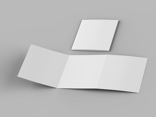 Open tri-folded laflet in square format.