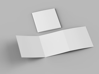 Open tri-folded laflet in square format.