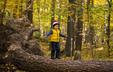 A little boy in a cap walks on a log