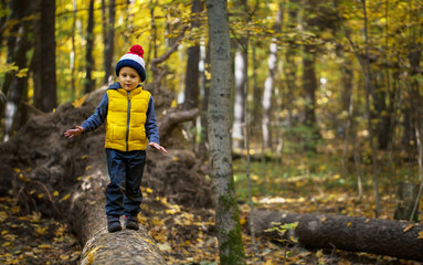 A little boy in a cap walks on a log