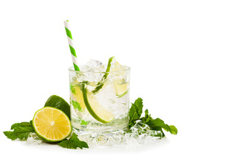 Moscow Mule Cocktail Isolated on White Background. A Moscow mule is a cocktail made with vodka, spicy ginger beer, and lime juice. Selective focus.