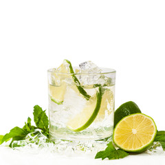 Moscow Mule Cocktail Isolated on White Background. A Moscow mule is a cocktail made with vodka, spicy ginger beer, and lime juice. Selective focus.