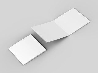 Open tri-folded laflet in square format.