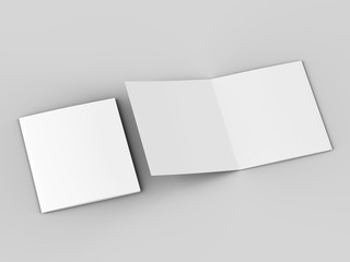 Open tri-folded laflet in square format.