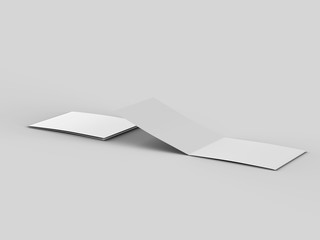 Open tri-folded laflet in square format.