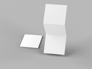 Open tri-folded laflet in square format.