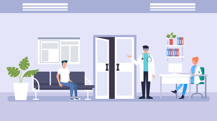 People patients characters waiting in line doctor. Medicine aid office concept. Vector flat graphic design illustration