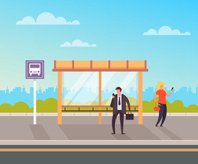Fototapeta na wymiar People crowd waiting transport and using smart phone internet. Bus station concept. Vector flat graphic design illustration
