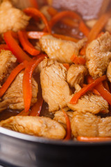 young woman in a gray aprons roasts chicken fillet with carrots