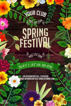 Fototapeta Spring festival poster or flyer design with spring flowers and sample text on wooden background. It is perfect for any kind of your parties. With this poster design you will grab everyone’s attention.