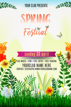 Spring festival poster or flyer design with green grass and sample text on wooden background. It is perfect for any kind of your parties. With this poster design you will grab everyone’s attention.